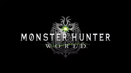 HD desktop wallpaper of Monster Hunter: World featuring the game's logo with intricate designs and a green light.