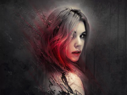 Artistic 4K Ultra HD PC desktop wallpaper of a woman with flowing hair that fades into red particles against a dark, textured background.