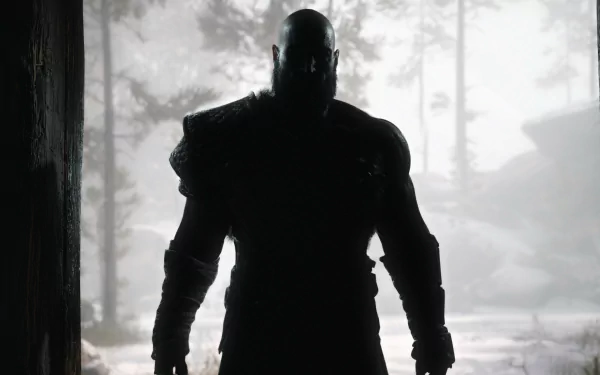 HD desktop wallpaper featuring Kratos from God of War (2018), silhouetted against a misty forest background.