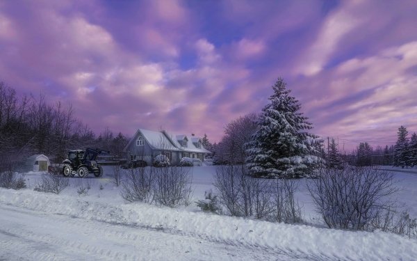 Photography Winter Sky Cloud Purple House Farm Tractor Country Snow Sunset Tree HD Wallpaper | Background Image