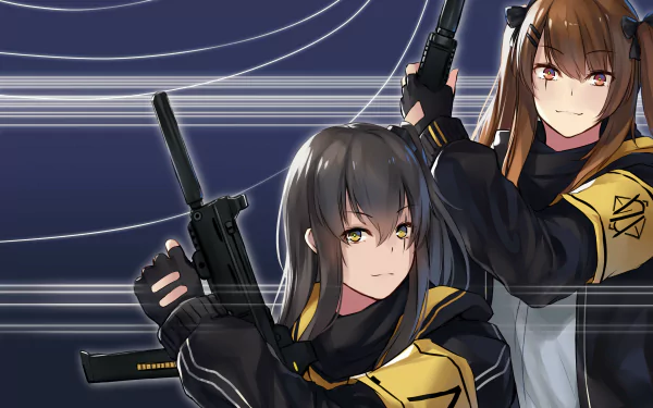 HD PC desktop wallpaper of UMP9 and UMP45 from the video game Girls Frontline, featuring both characters in dynamic poses with dark, sleek backgrounds.