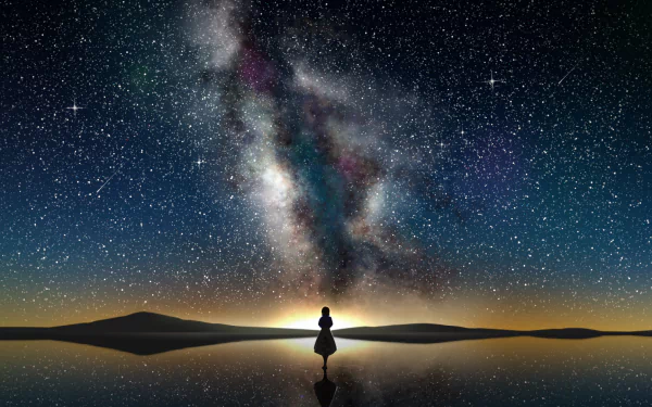 Nighttime HD wallpaper featuring Violet Evergarden, an anime character, gazing at the mesmerizing star-filled sky with the Milky Way reflected in calm waters. Vibrant and atmospheric background.