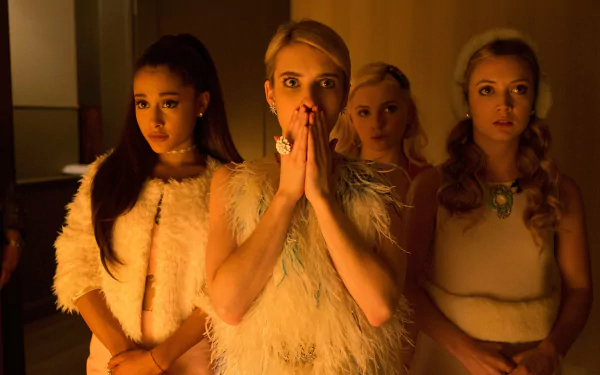 Ariana Grande and three women from the TV show Scream Queens in a dramatic, dimly lit scene, featured in 4K Ultra HD desktop wallpaper.