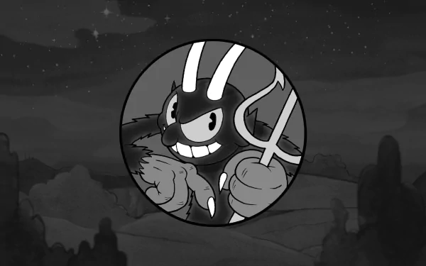 HD PC desktop wallpaper featuring The Devil from the video game Cuphead, showcasing the character holding a trident with a mischievous grin.