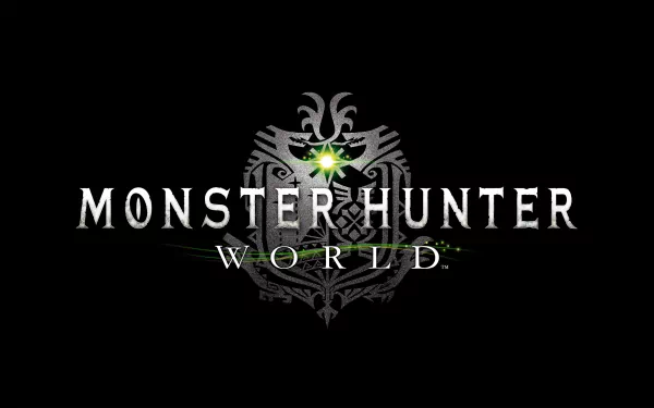 HD desktop wallpaper of Monster Hunter: World featuring the game's logo with intricate designs and a green light.