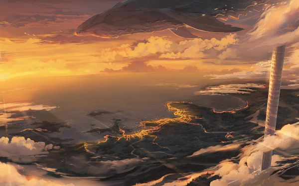 Anime-style HD wallpaper featuring a majestic sunrise over a coastline, with a whale soaring through the clouds above the horizon, creating a serene and fantastical scene.
