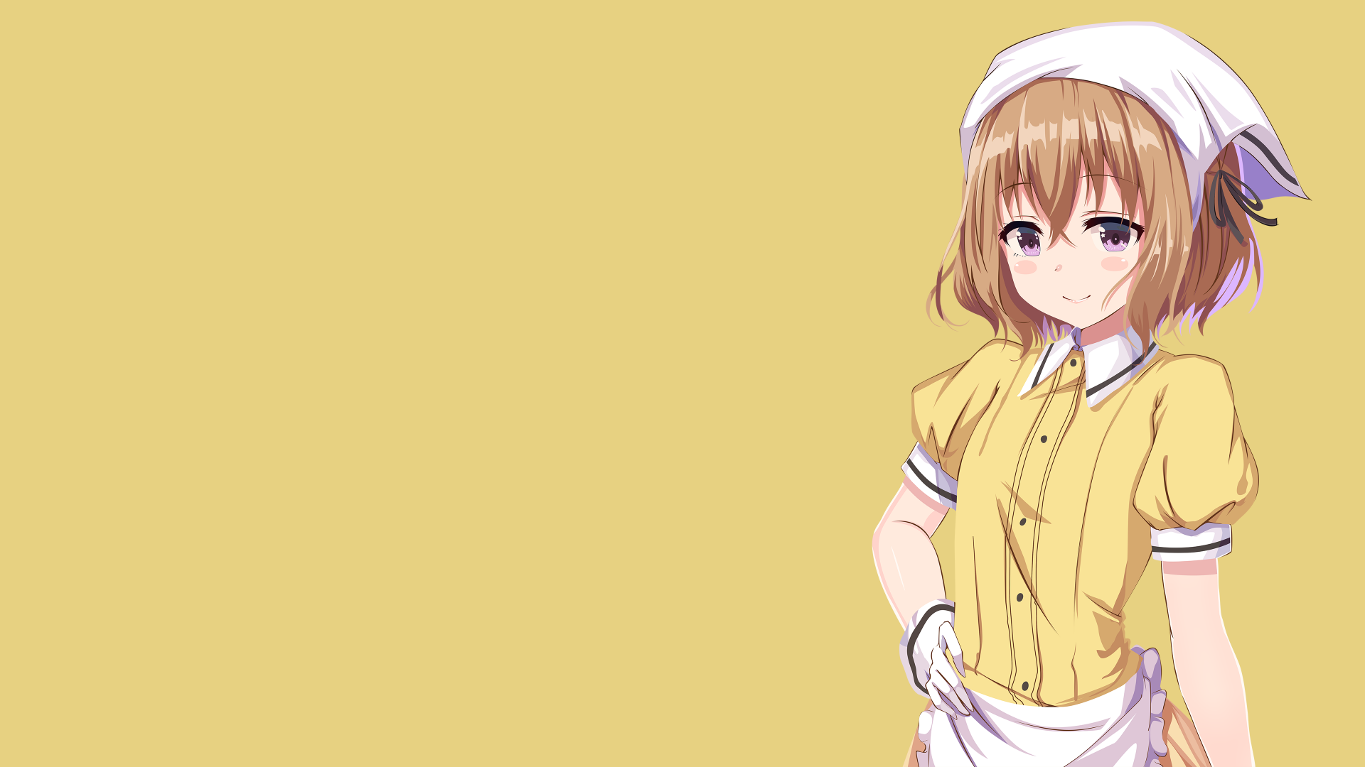4K Ultra HD PC wallpaper featuring Mafuyu Hoshikawa from the anime Blend S, standing against a solid yellow background in her waitress outfit.
