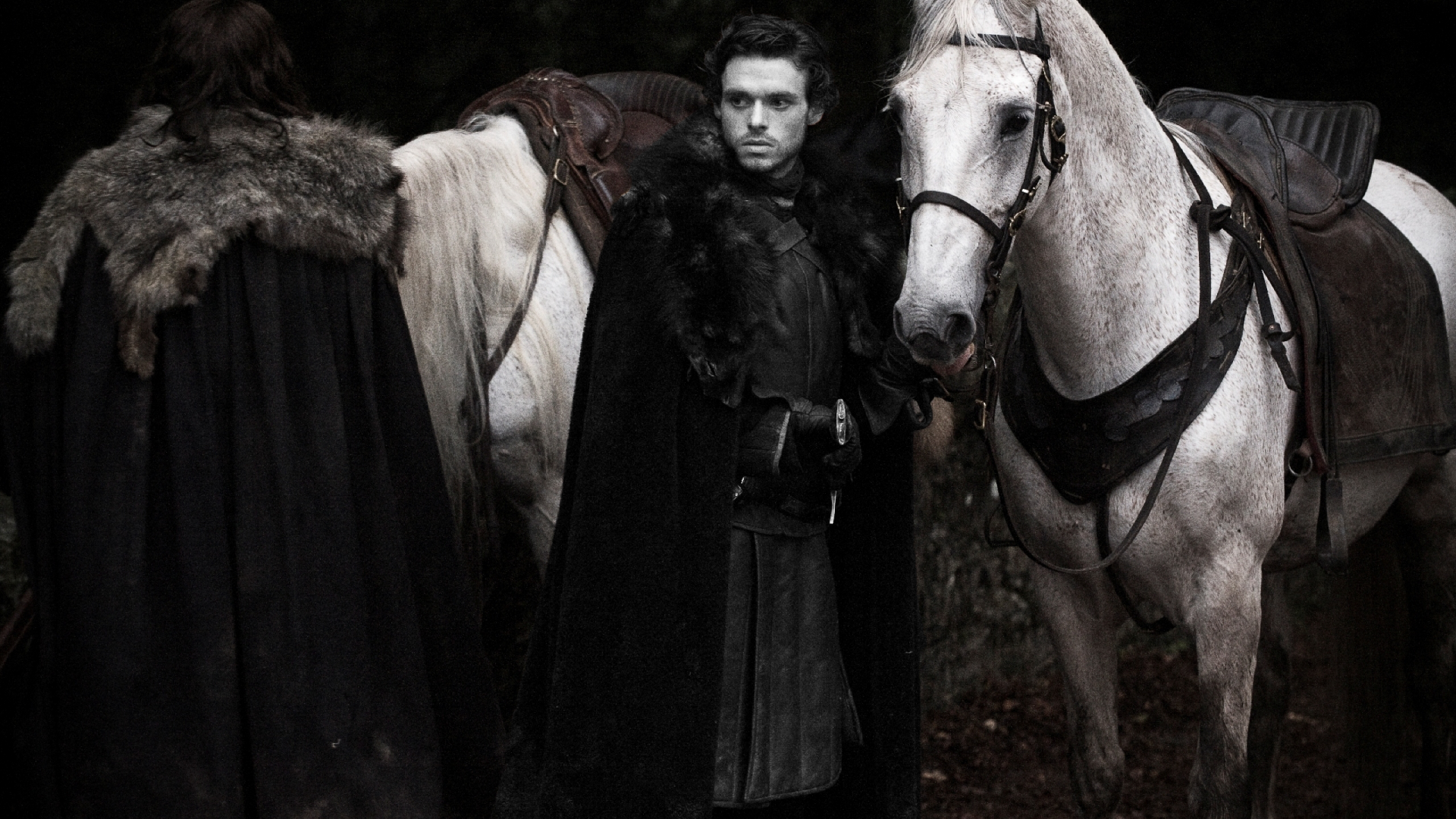 Robb Stark from Game of Thrones stands beside two horses in a dark, forested setting, captured in an HD desktop wallpaper and background.