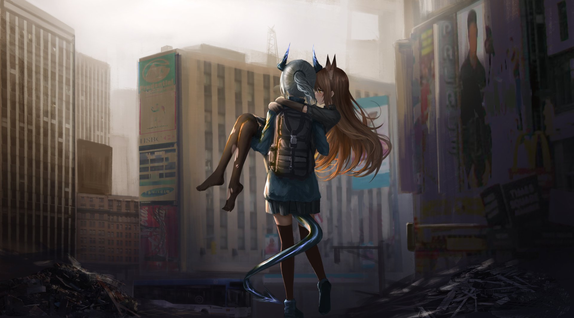 HD desktop wallpaper featuring characters from the video game Arknights, depicting one character carrying another through a desolate urban environment with tall buildings in the background.