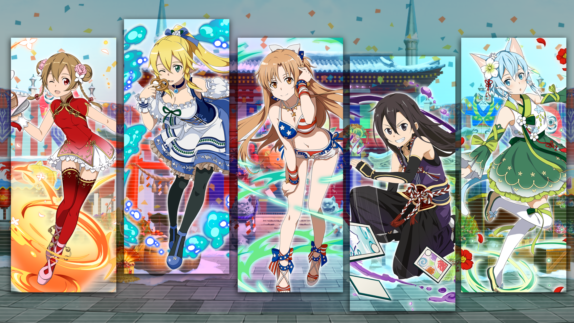 HD PC desktop wallpaper featuring vibrant Anime characters from Sword Art Online in dynamic poses against a colorful, festive backdrop.