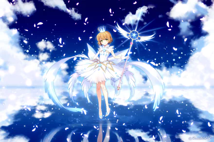 HD PC desktop wallpaper featuring Sakura Kinomoto from the anime Cardcaptor Sakura, dressed in a white magical outfit with petals and a starry sky background.