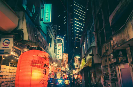 HD desktop wallpaper of a neon-lit Japanese city street at night, showcasing vibrant signs and urban architecture in a bustling man-made environment.