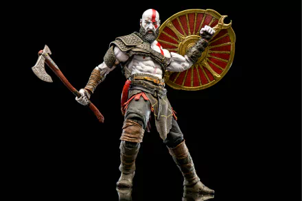 HD desktop wallpaper featuring a figurine of Kratos from the 2018 video game God of War, showcasing his armor, axe, and shield against a black background.