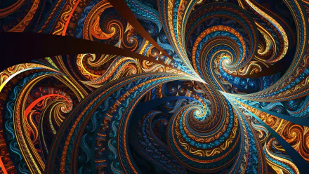 Vibrant, swirling fractal patterns in rich blues, oranges, and golds create an intricate abstract design for an HD PC desktop wallpaper and background.