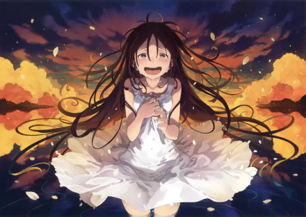 Anime girl in a white dress, hair streaming, laughing beneath glowing sunset clouds and drifting petals — 2K Quad HD PC desktop wallpaper/background.