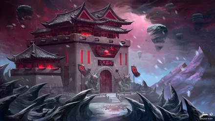 A stunning HD wallpaper featuring an oriental fantasy castle, surrounded by dark, swirling clouds and ominous mountains, exuding a mystical and dramatic atmosphere.