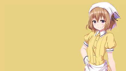 4K Ultra HD PC wallpaper featuring Mafuyu Hoshikawa from the anime Blend S, standing against a solid yellow background in her waitress outfit.