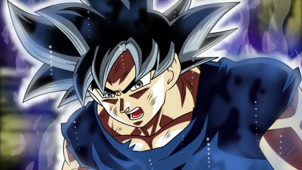 HD desktop wallpaper featuring Goku from Dragon Ball Super in his Ultra Instinct form, displaying a powerful and intense expression.