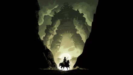HD desktop wallpaper featuring Shadow of the Colossus (2018). Image shows a colossal creature framed by a rocky gorge with a lone warrior on horseback, set against a dramatic, cloudy backdrop.