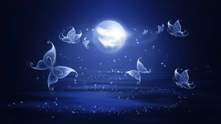 Artistic HD wallpaper featuring a glowing blue moon and ethereal butterflies fluttering in a night sky background.