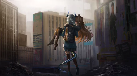 HD desktop wallpaper featuring characters from the video game Arknights, depicting one character carrying another through a desolate urban environment with tall buildings in the background.