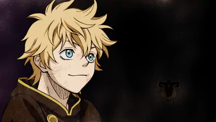 An HD desktop wallpaper featuring Luck Voltia from Black Clover. He has aqua eyes and blonde hair, set against a dark background with a Black Bulls emblem.