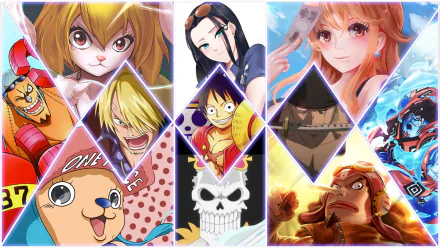 Vibrant HD wallpaper featuring characters from One Piece: Jinbe, Brook, Franky, Usopp, Tony Tony Chopper, Roronoa Zoro, Monkey D. Luffy, Carrot, Sanji, Nami, and Nico Robin, arranged in a colorful collage.