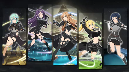 HD PC desktop wallpaper featuring Leafa, Yuuki Konno, Shino Asada, and Kirito from Sword Art Online II, inspired by Sword Art Online: Memory Defrag anime.