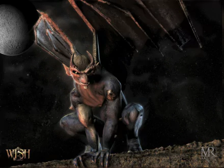 Dark HD PC desktop wallpaper/background showing a crouched gargoyle monster with bat-like wings and glowing eyes under a moonlit sky.