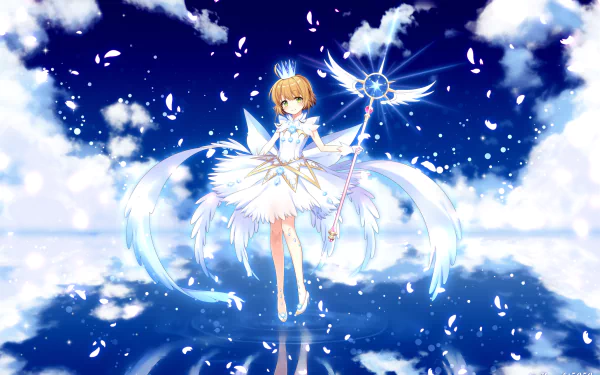 HD PC desktop wallpaper featuring Sakura Kinomoto from the anime Cardcaptor Sakura, dressed in a white magical outfit with petals and a starry sky background.