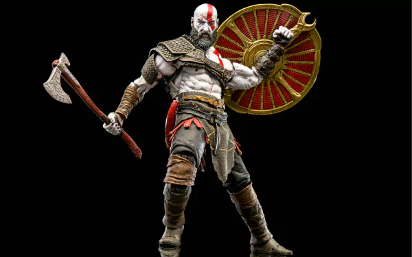 HD desktop wallpaper featuring a figurine of Kratos from the 2018 video game God of War, showcasing his armor, axe, and shield against a black background.