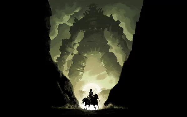HD desktop wallpaper featuring Shadow of the Colossus (2018). Image shows a colossal creature framed by a rocky gorge with a lone warrior on horseback, set against a dramatic, cloudy backdrop.