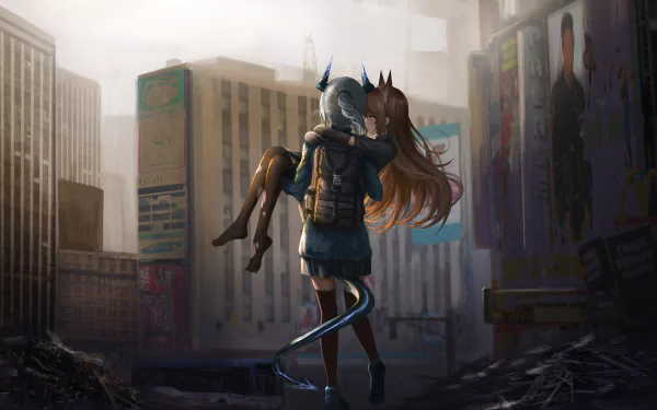 HD desktop wallpaper featuring characters from the video game Arknights, depicting one character carrying another through a desolate urban environment with tall buildings in the background.