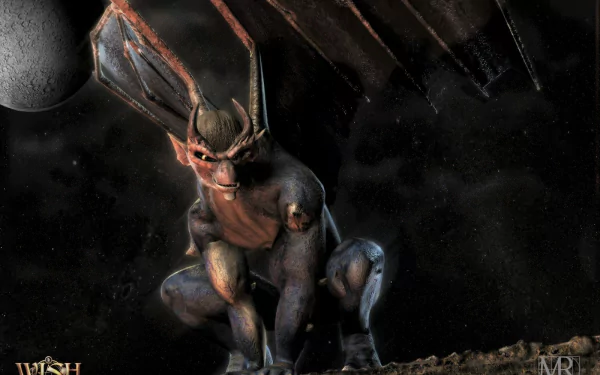 Dark HD PC desktop wallpaper/background showing a crouched gargoyle monster with bat-like wings and glowing eyes under a moonlit sky.