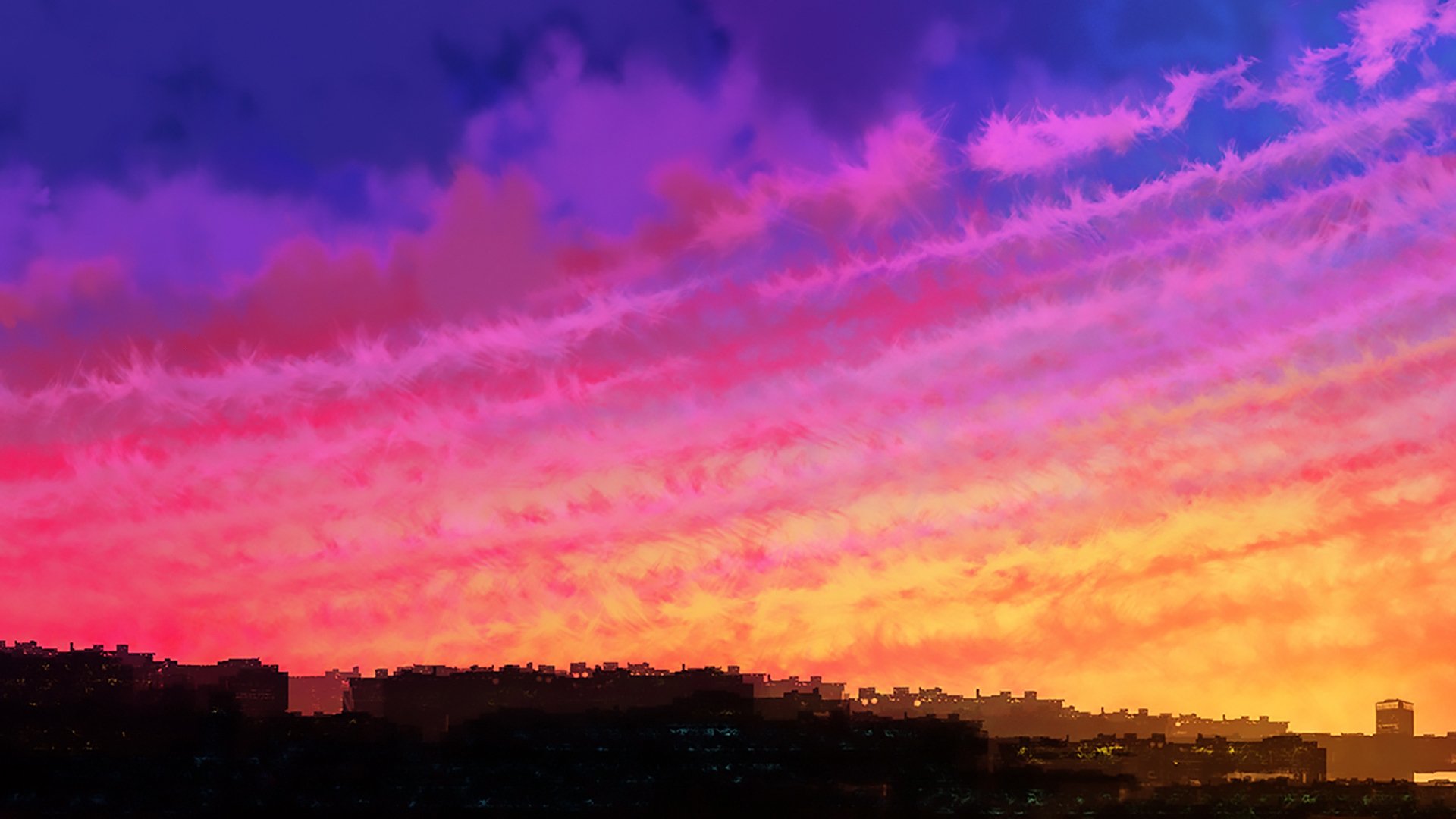 Anime-style HD PC desktop wallpaper featuring a vibrant original sunset sky with rich purple, pink, and orange hues above a silhouetted cityscape.