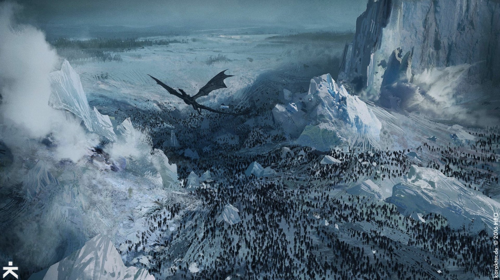 HD desktop wallpaper from the TV show Game of Thrones features a dragon flying over a vast icy landscape with a large army below.