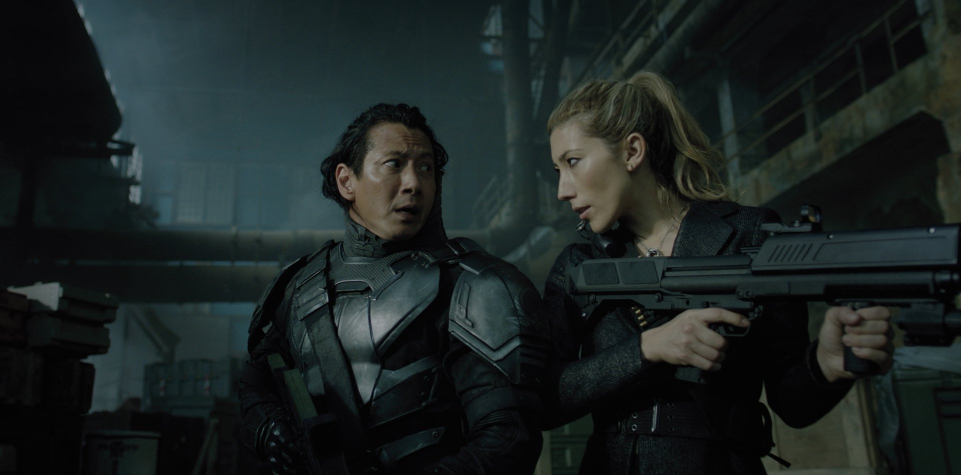 HD wallpaper of two characters from Altered Carbon in tactical gear, ready for action in a dim, industrial setting.