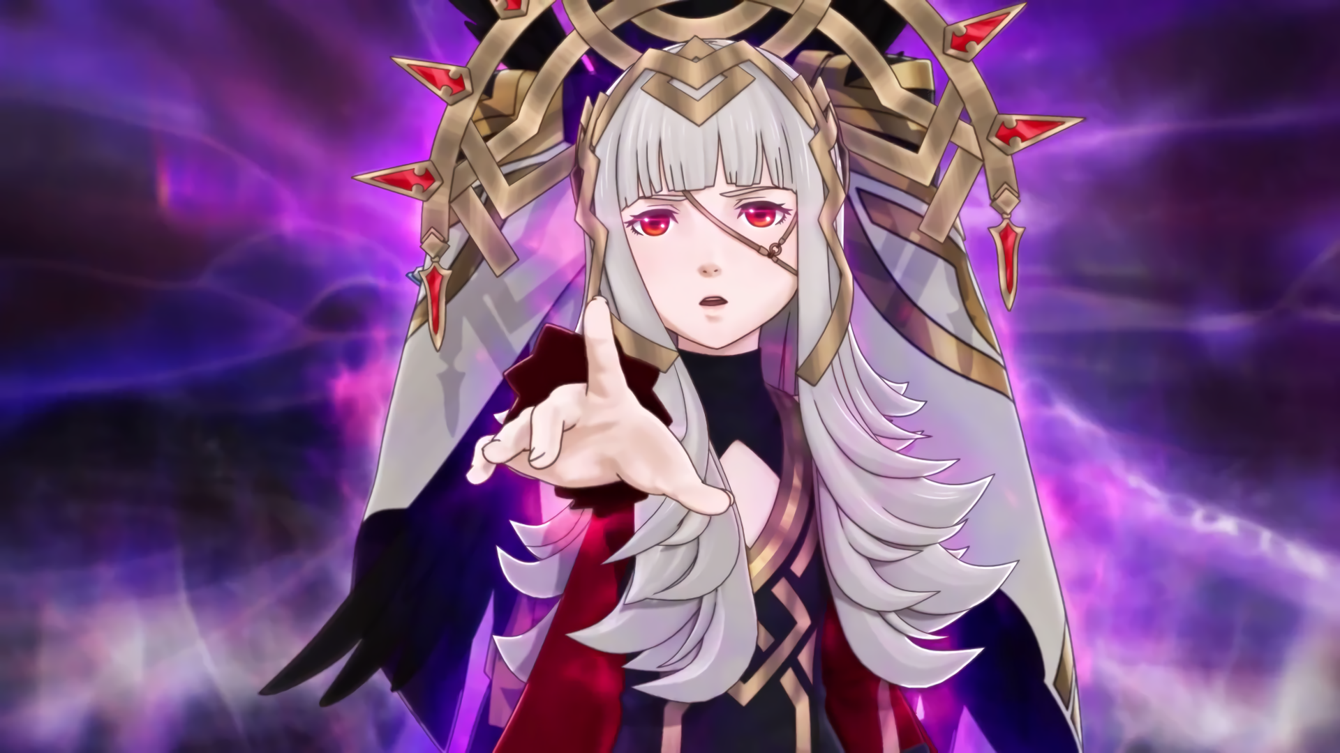 4K Ultra HD Fire Emblem Heroes wallpaper featuring a character with silver hair and a golden, spiked headdress against a glowing purple background.