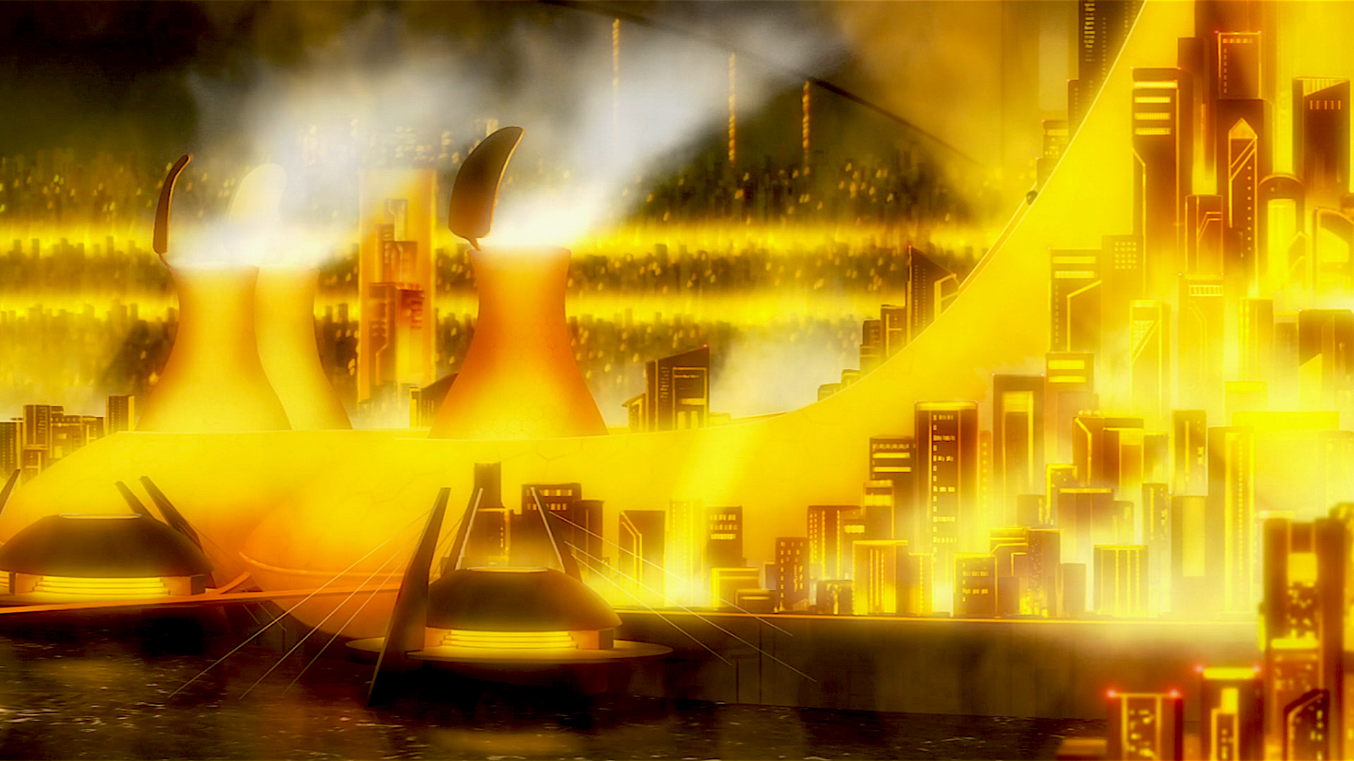HD wallpaper featuring an anime cityscape from Darling in the FranXX with futuristic architecture and warm golden lighting, emitting a dynamic and surreal atmosphere.