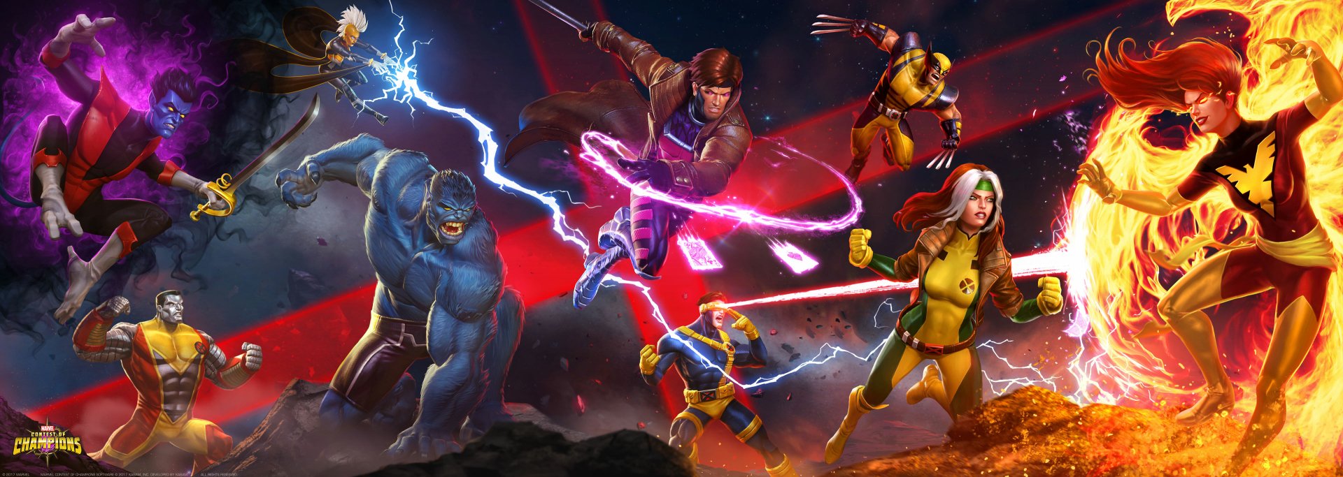 HD desktop wallpaper featuring X-Men characters Jean Grey as Dark Phoenix, Cyclops, Gambit, Wolverine, Colossus, Beast, Storm, and Nightcrawler from MARVEL Contest of Champions.