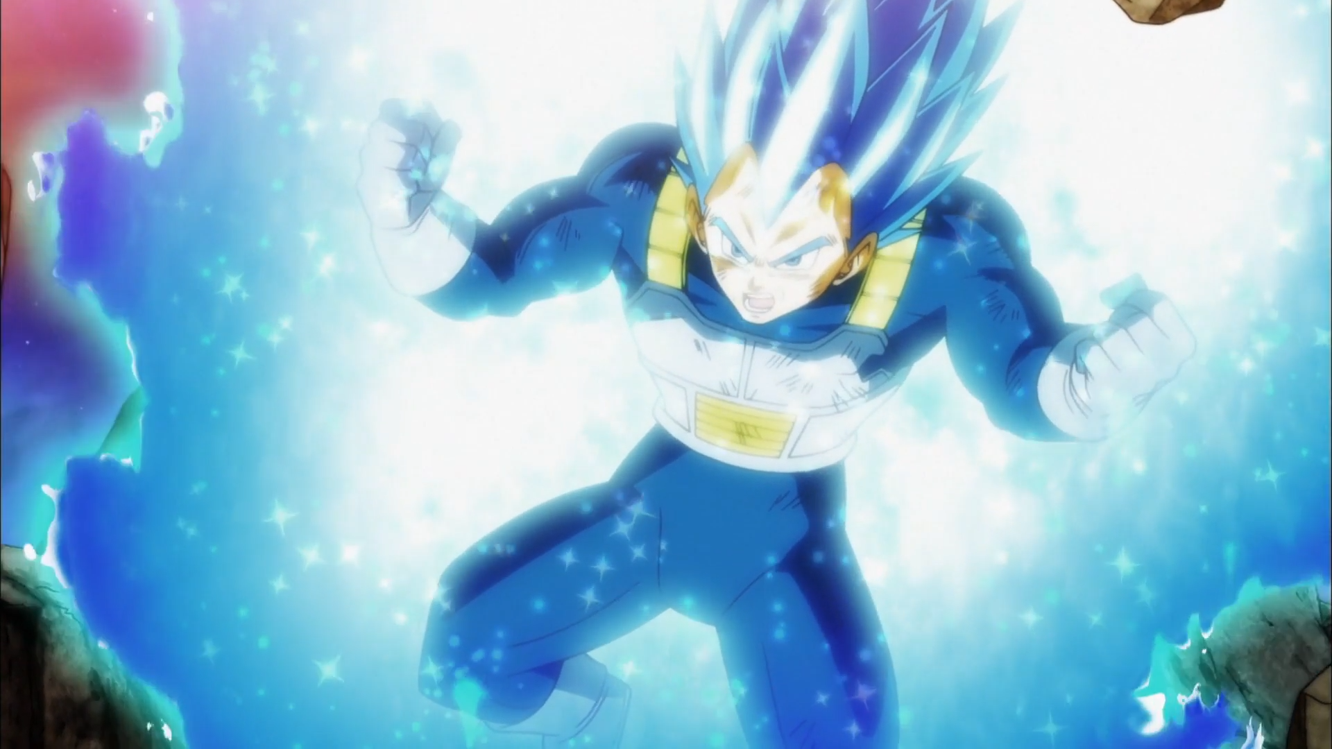 HD desktop wallpaper featuring Vegeta in Super Saiyan Blue form from Dragon Ball Super, surrounded by radiant blue energy in a dynamic anime style.