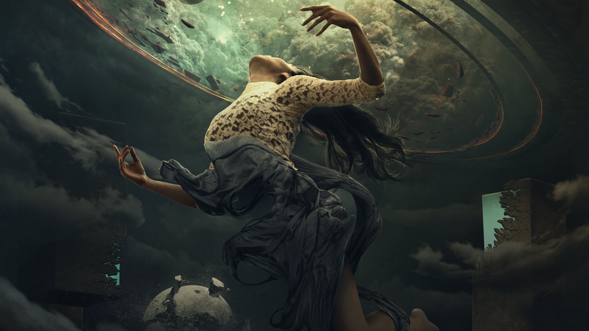 2K Quad HD PC desktop wallpaper and background: a Sci‑Fi scene of a woman in flowing dress suspended amid stormy clouds with a massive planet looming overhead.