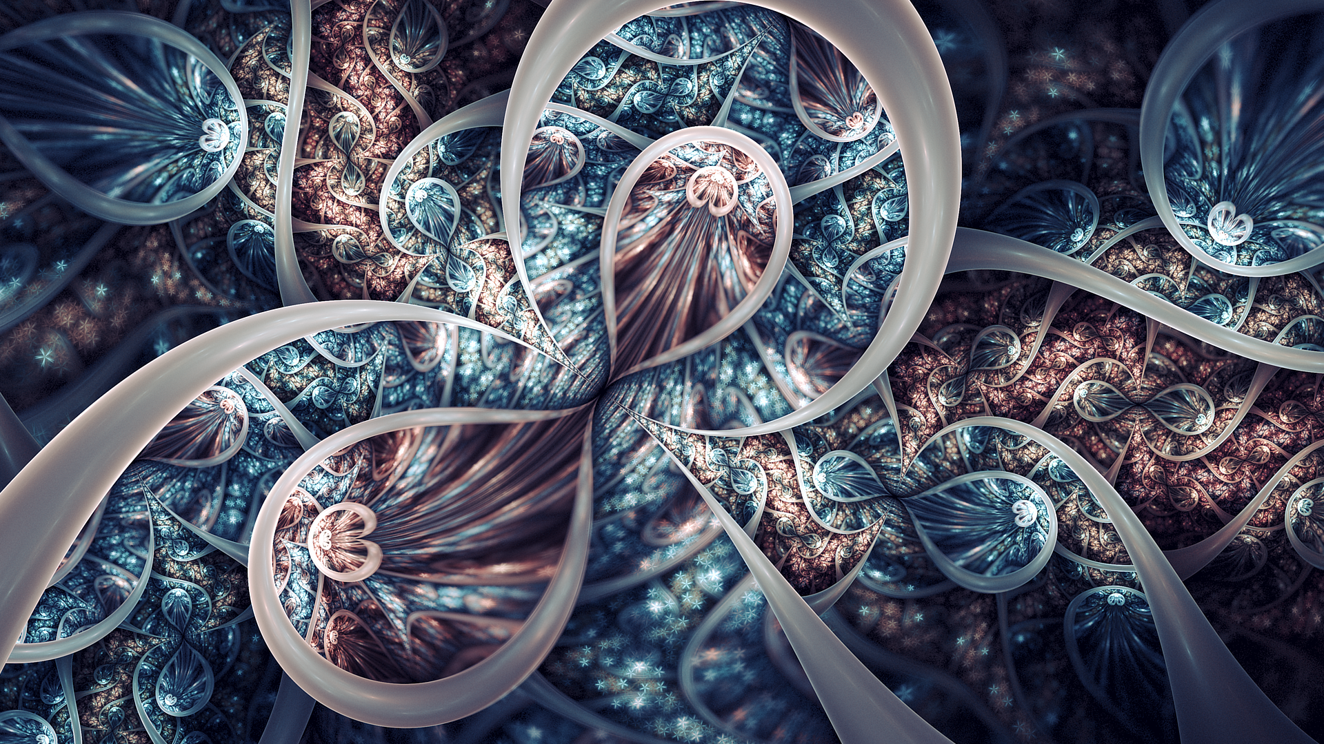 HD PC desktop wallpaper featuring an intricate abstract fractal design with swirling patterns and a blend of blue, brown, and metallic tones.