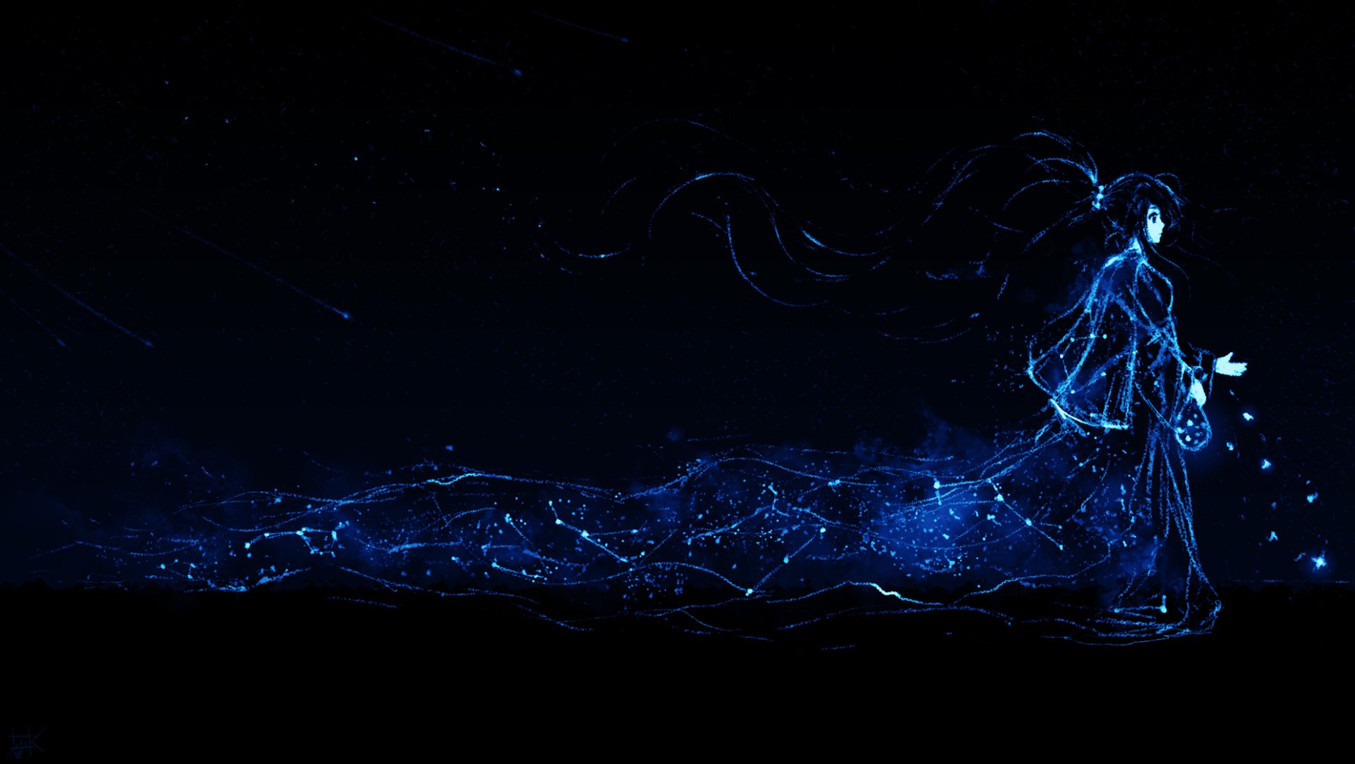 HD desktop wallpaper featuring an original blue anime character with long hair, depicted in an ethereal and starry aesthetic against a dark background.