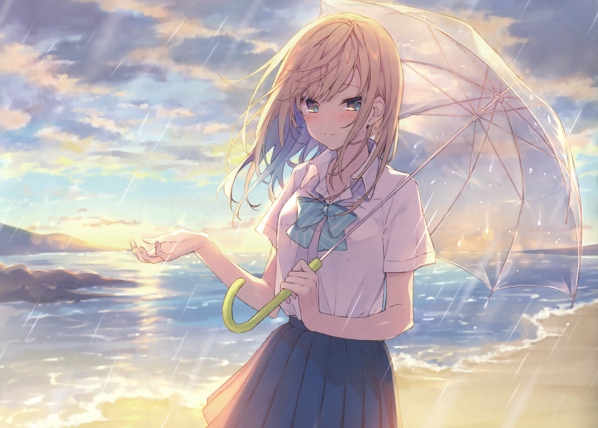 HD anime wallpaper featuring an original character under an umbrella by the seaside during a rainy sunset. The background showcases a serene beach and vibrant sky.