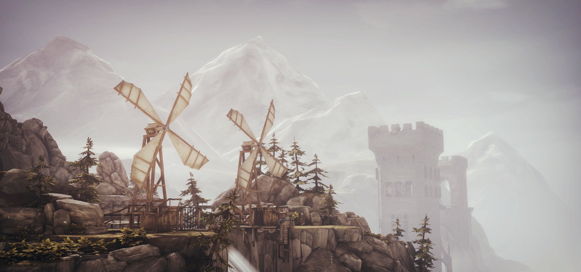 2K Quad HD PC wallpaper from the video game Brothers: A Tale of Two Sons — windmills on a rocky ridge, pine trees, misty mountains and a distant castle tower.