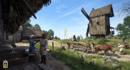 4K Ultra HD PC desktop wallpaper and background from the video game Kingdom Come: Deliverance — sunlit medieval village with a windmill, horse-drawn cart and villagers trading at a market.