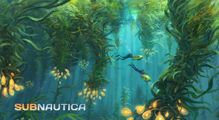 HD desktop wallpaper from the video game Subnautica featuring two divers exploring a vibrant underwater kelp forest illuminated by glowing flora.