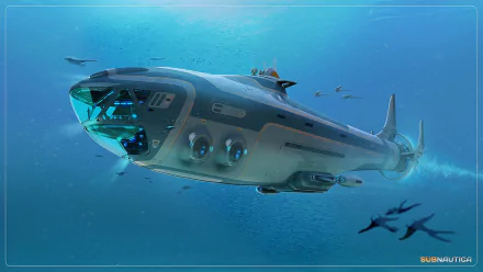 HD PC desktop wallpaper depicting the submarine from the video game Subnautica, exploring an underwater scene with sea creatures in vivid blue waters.