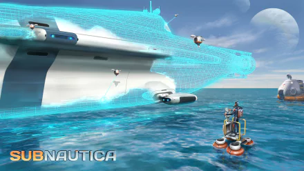 HD PC desktop wallpaper from the video game Subnautica, featuring a futuristic underwater vehicle and ocean scene with holographic effects.